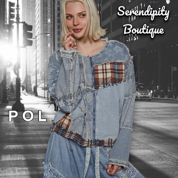 POL Distressed Grunge Denim Flanel Plaid Patch Zipper Front Street Jean Jacket - Picture 7 of 11